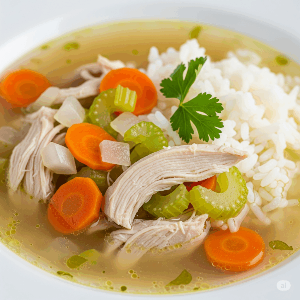 Prato de sopa de galinha com arroz e legumes